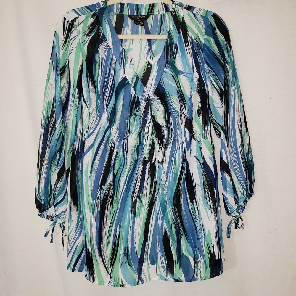 Sunny Taylor Sz PM (8-10) Semi Sheer 3/4 Sleeve V-Neck Blue Green Boho Top #994